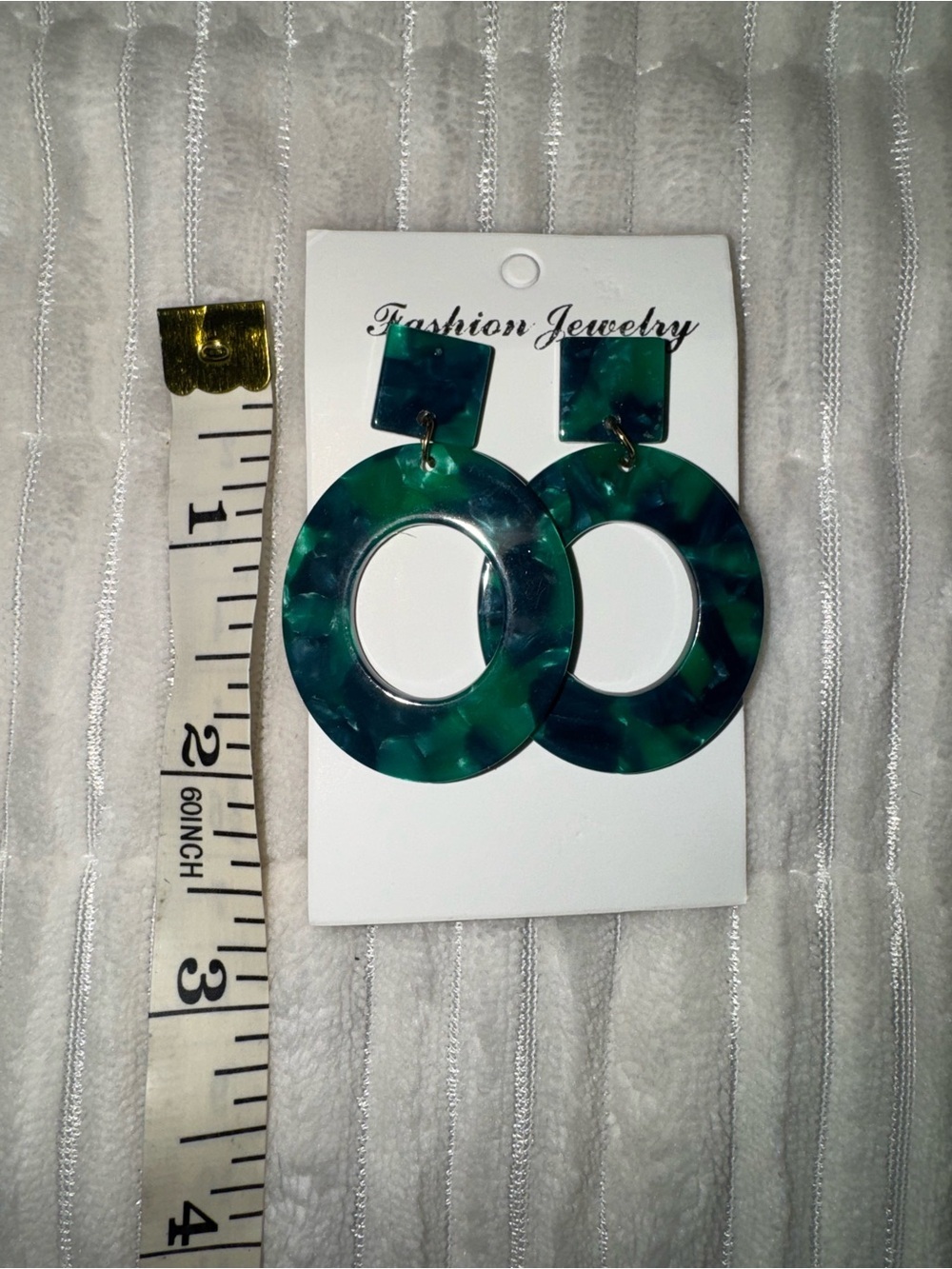 Fashion Jewelry Dark Green & Teal Marbled Hoop Drop Earrings - Picture 3 of 4